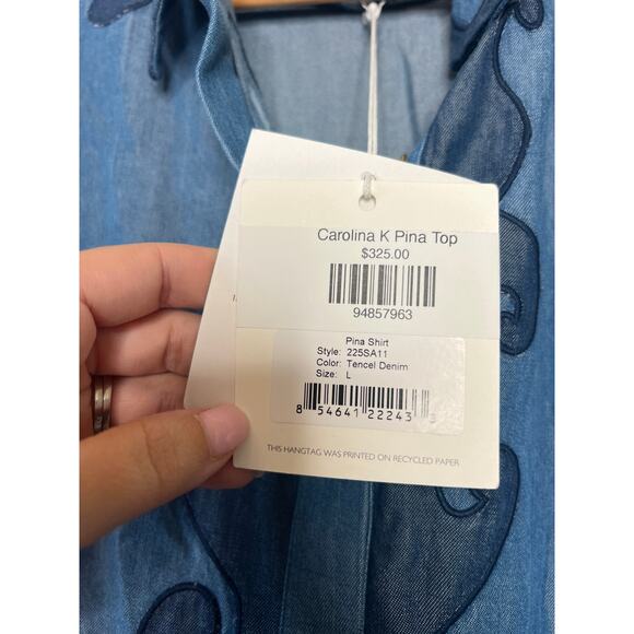 NWT Carolina K Pina Embroidered Denim Boxy Fit Short-Sleeve Shirt Blue Size: L - Picture 6 of 8